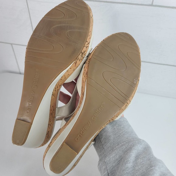 Andrew Geller Wedge Sandals 9M Cork Leather Strappy Feng Ivory Cream - Picture 12 of 13